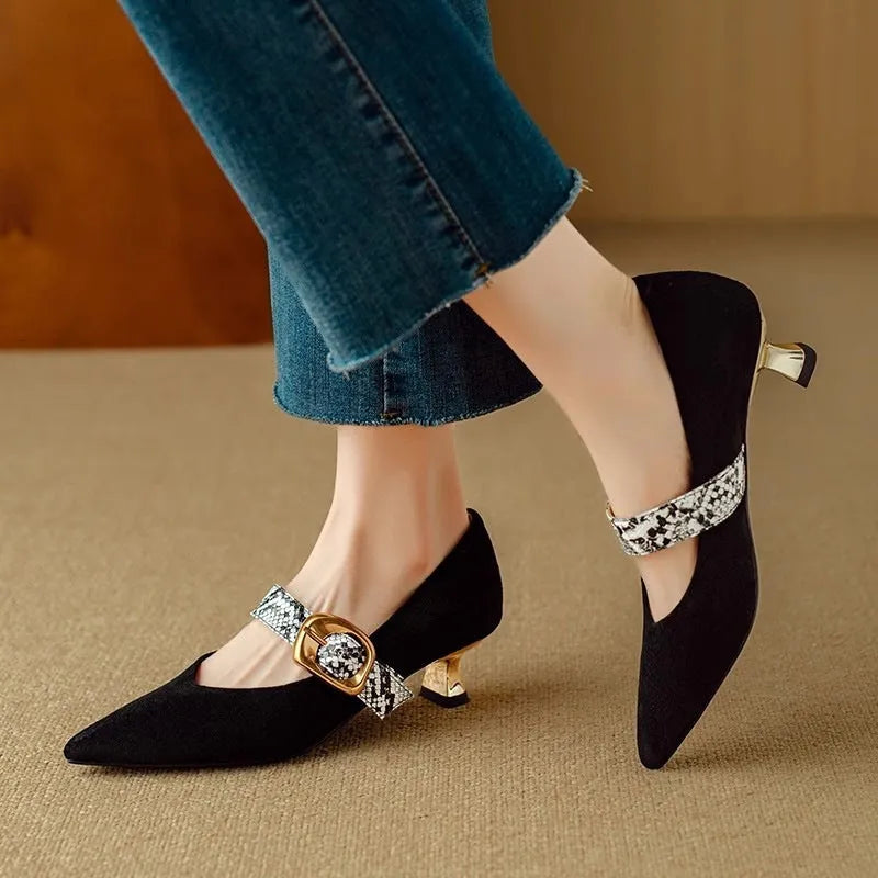 Women's black French pointed stiletto heels with buckle fastening and 3-5cm heel