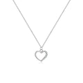Sterling silver hollow heart pendant necklace on a classic chain, available in white gold or 18K gold plating.