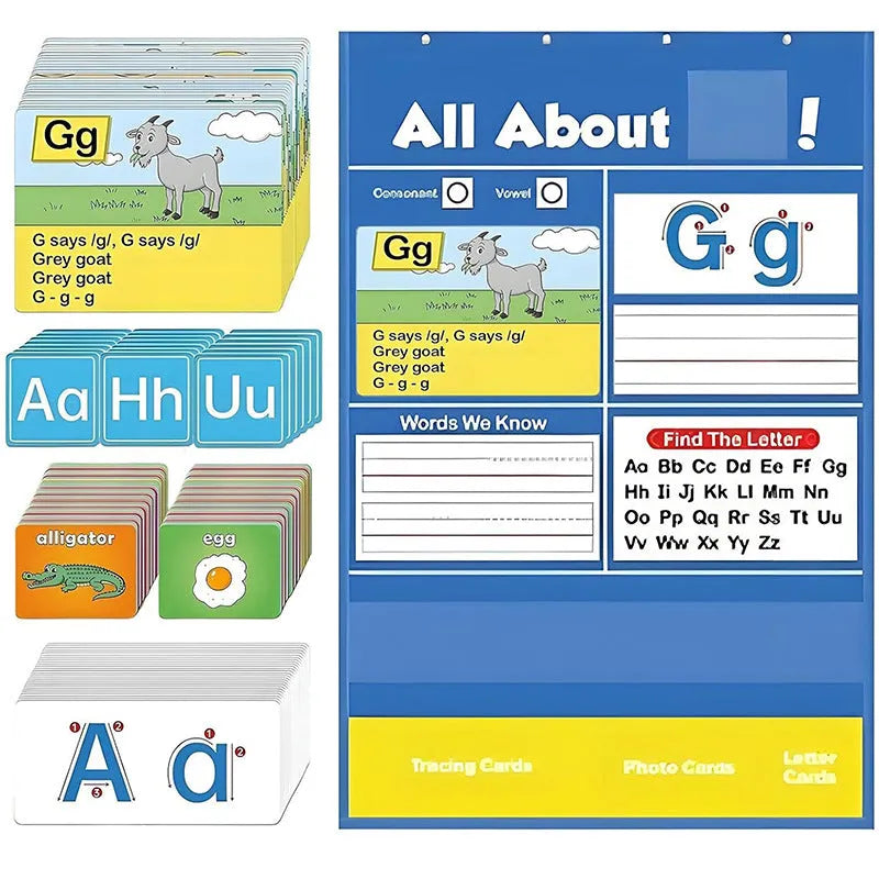 Large blue alphabet learning chart mat with word cards, letter cards, and picture cards for children's education