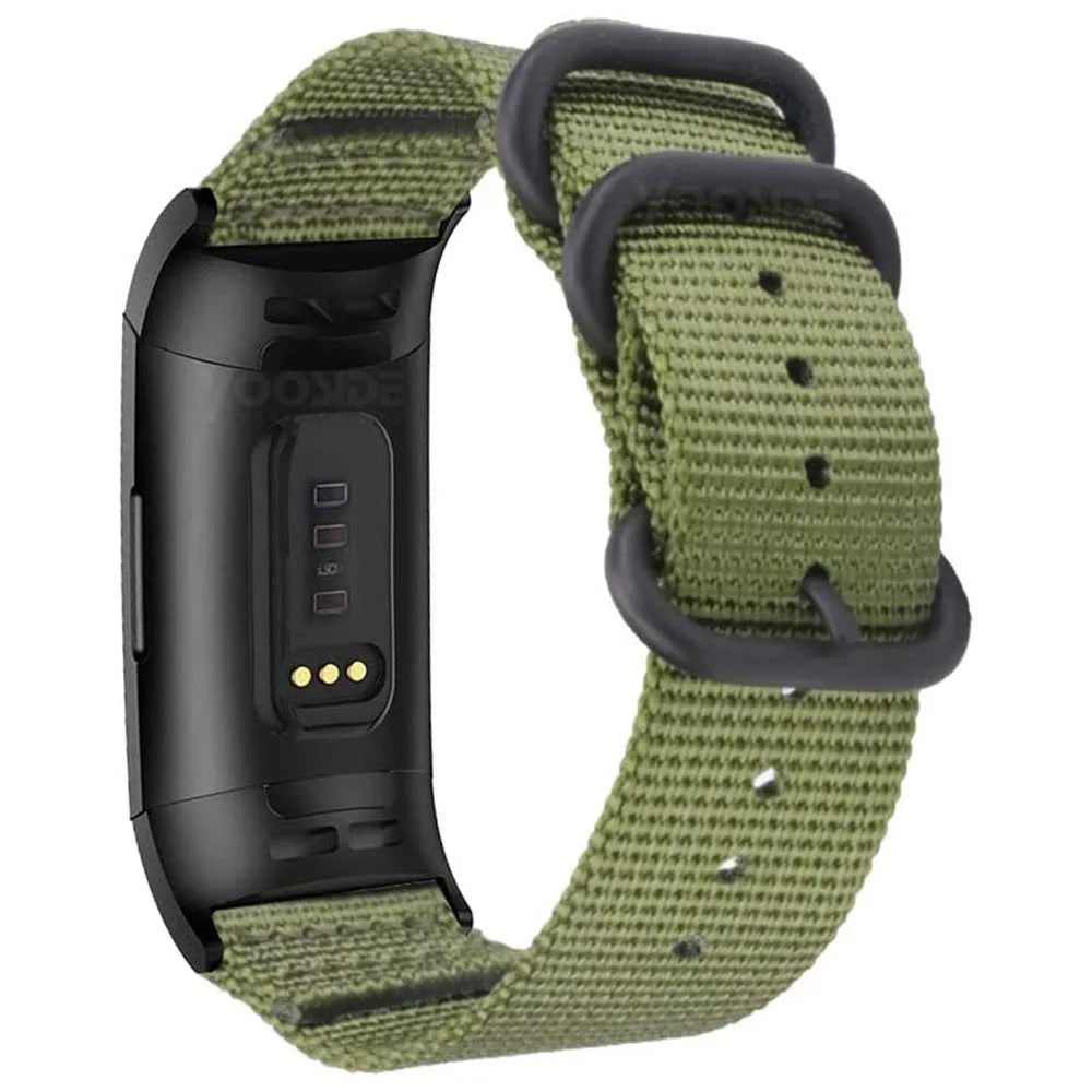 Fitbit Charge nylon replacement strap with three-ring buckle in Army Green colour