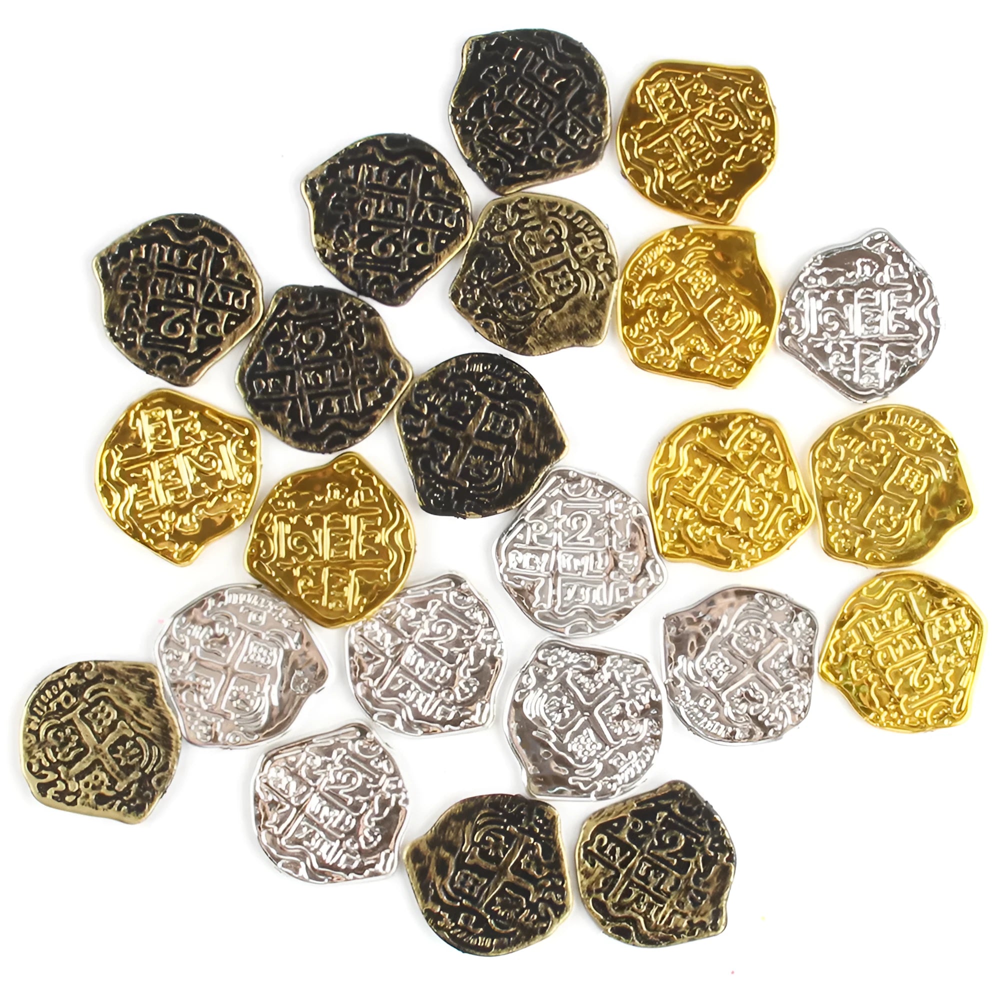 100 plastic replica Roman coins in bronze, gold, or silver electroplated finish for decorative or gaming use