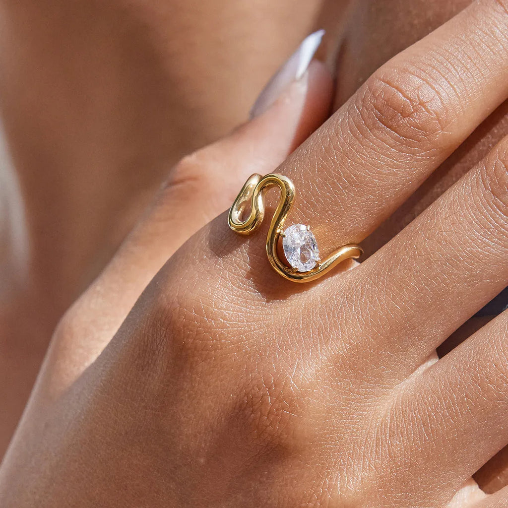 Titanium steel zircon ring with geometry shape on a hand, showing no-fading finish.
