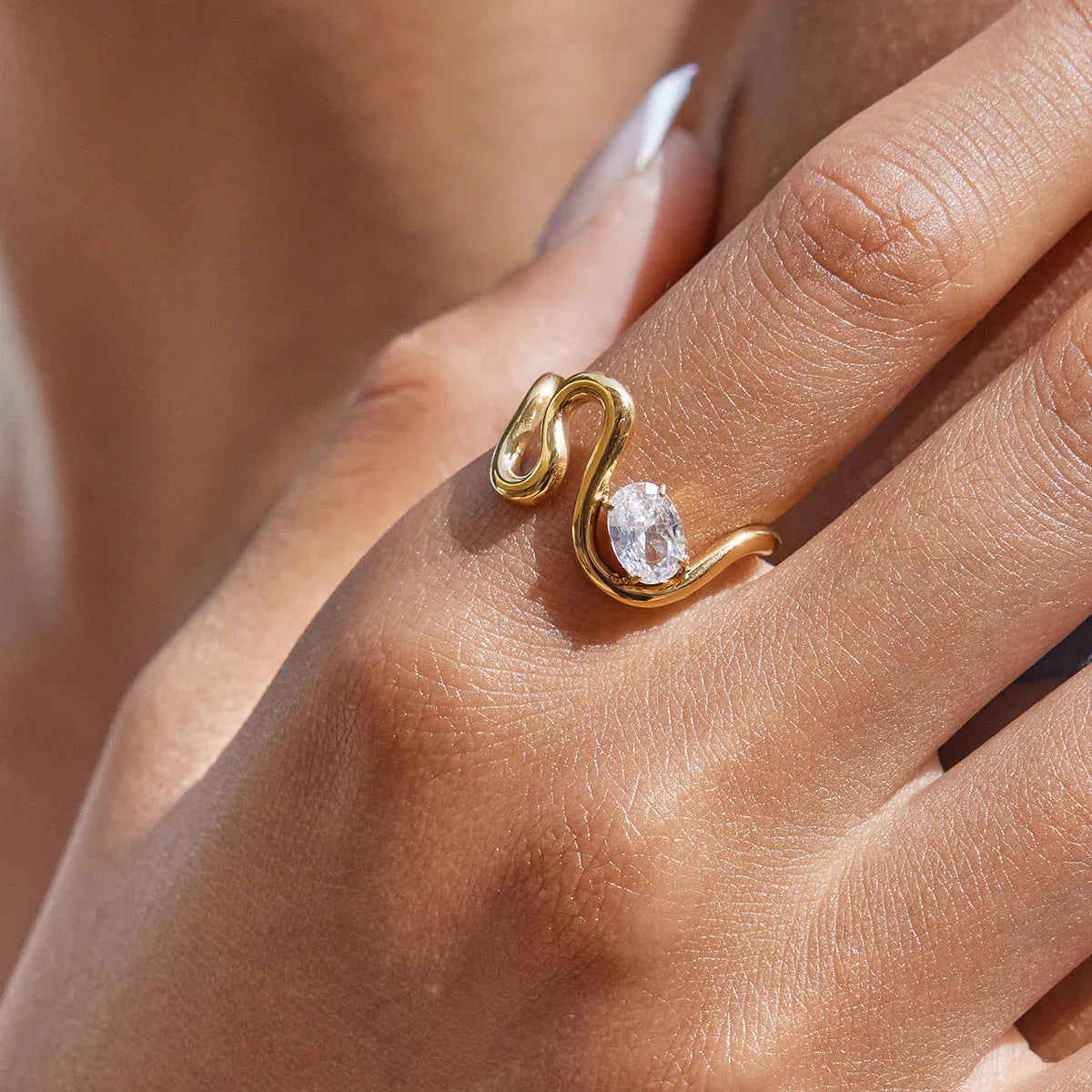 Titanium steel zircon ring with geometry shape on a hand, showing no-fading finish.