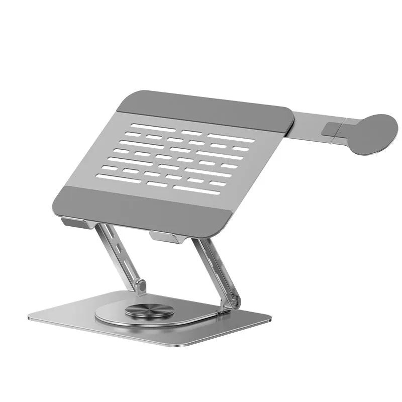 Silver carbon steel laptop stand with rotating top and a side-mounted magnetic mobile phone holder.