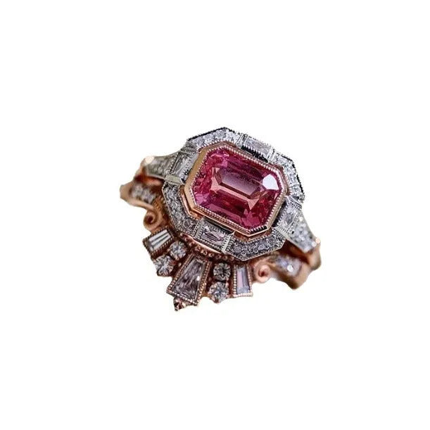 Rose gold women's retro ring with ruby accent on geometric alloy band