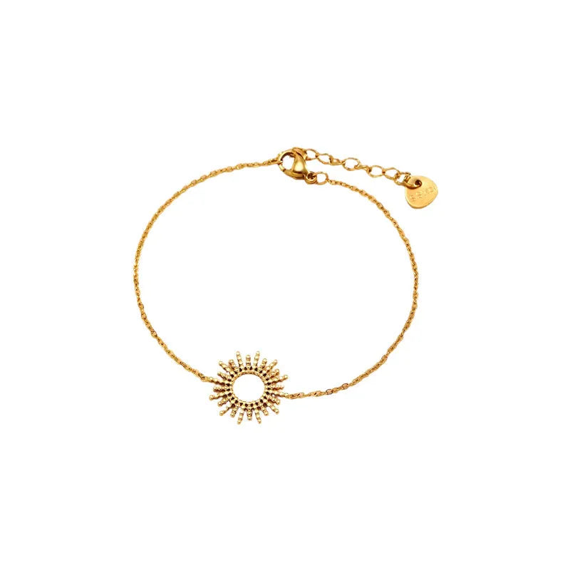 Gold plated stainless steel sunflower necklace and bracelet set with geometric chain design for women