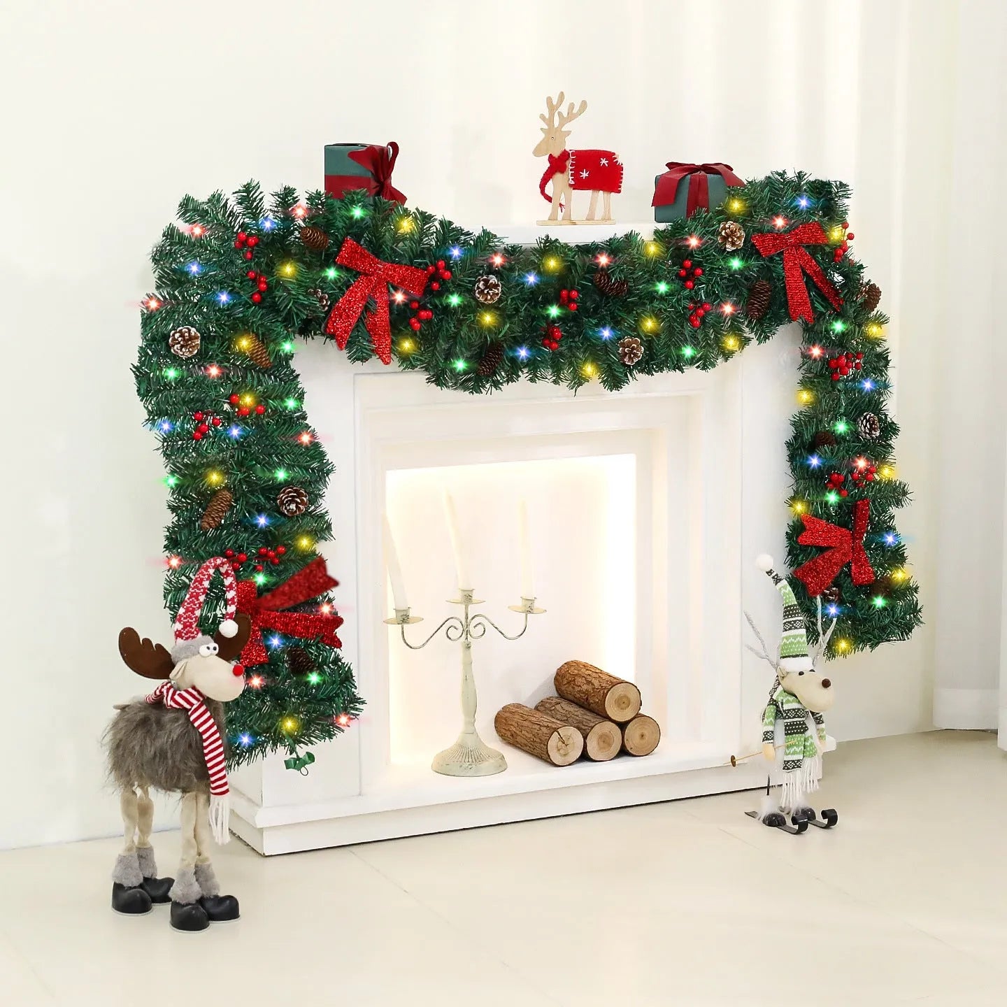 European style PVC Christmas cane decoration with rattan design, pine cones and decorative bow
