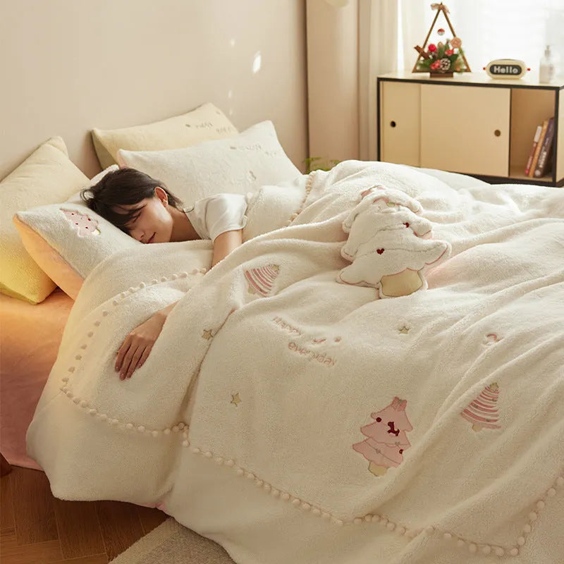 Milk fibre four-piece bedding set with green Christmas tree pattern showing fitted sheet, quilt cover and pillowcase
