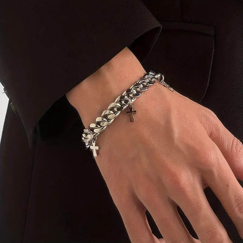 Men's geometric cross bracelet in titanium steel with adjustable closure