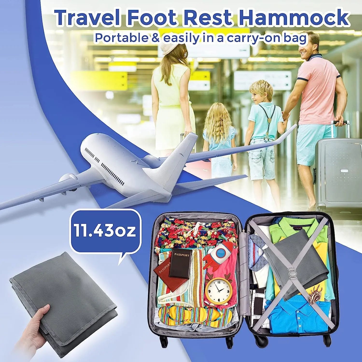 Portable children's aircraft pedal seat extender with extension device and drawstring storage pocket in blue colour