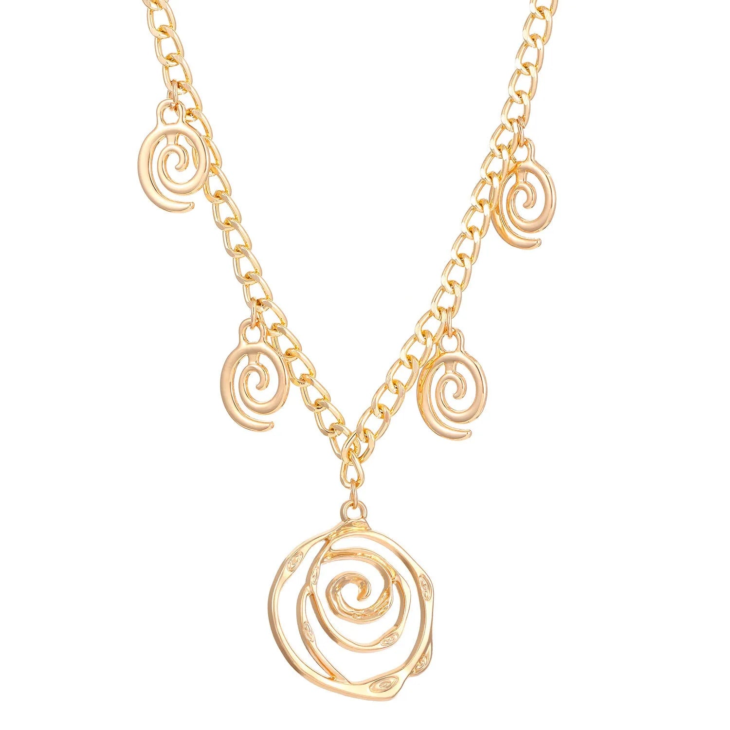 Spiral donut jewellery set showing necklace, bracelet and ear hooks in gold finish with geometric circle design