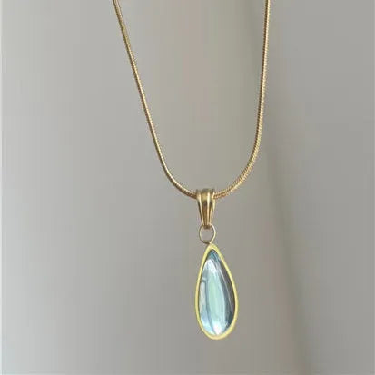 Retro blue and green water drop necklace with mixed gemstone inlays on titanium steel snake bone chain