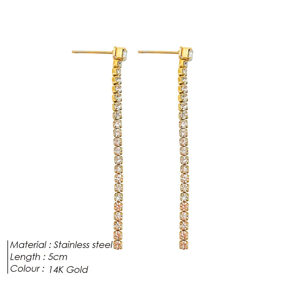 Geometric line design stainless steel earrings with zircon stones in gold and steel colour options.