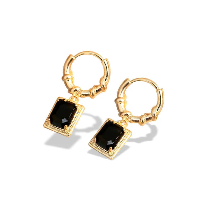 Black geometric quadrilateral zircon earrings with French court retro styling in copper construction