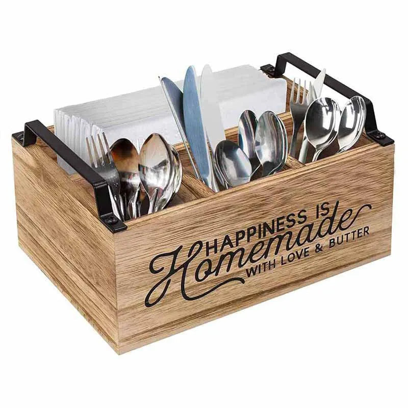 Wooden kitchen storage box with removable grid dividers for organising tableware