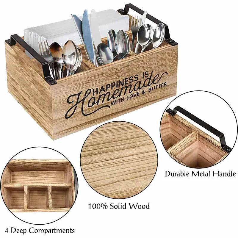 Wooden kitchen storage box with removable grid dividers for organising tableware