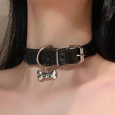 Black adjustable leather cat collar with bell charm showing three design options