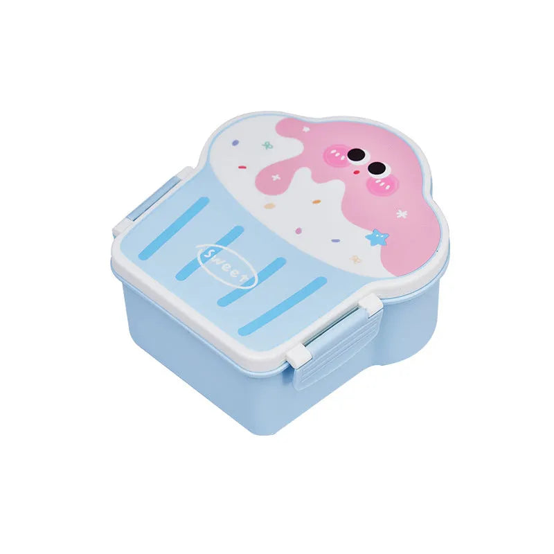 Pink and blue creative ice cream shaped plastic bento lunch box with included spoon and fork.