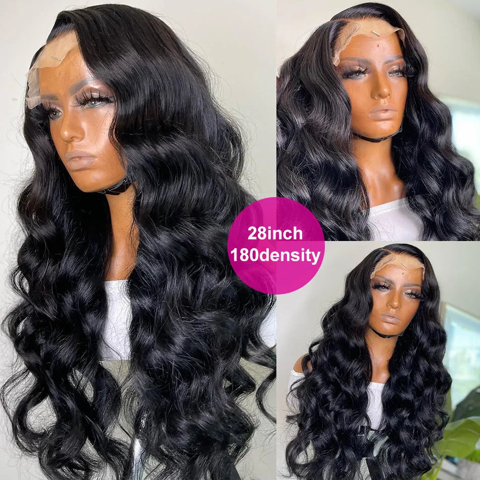 Black synthetic front lace wig with long curly hair and side bangs.
