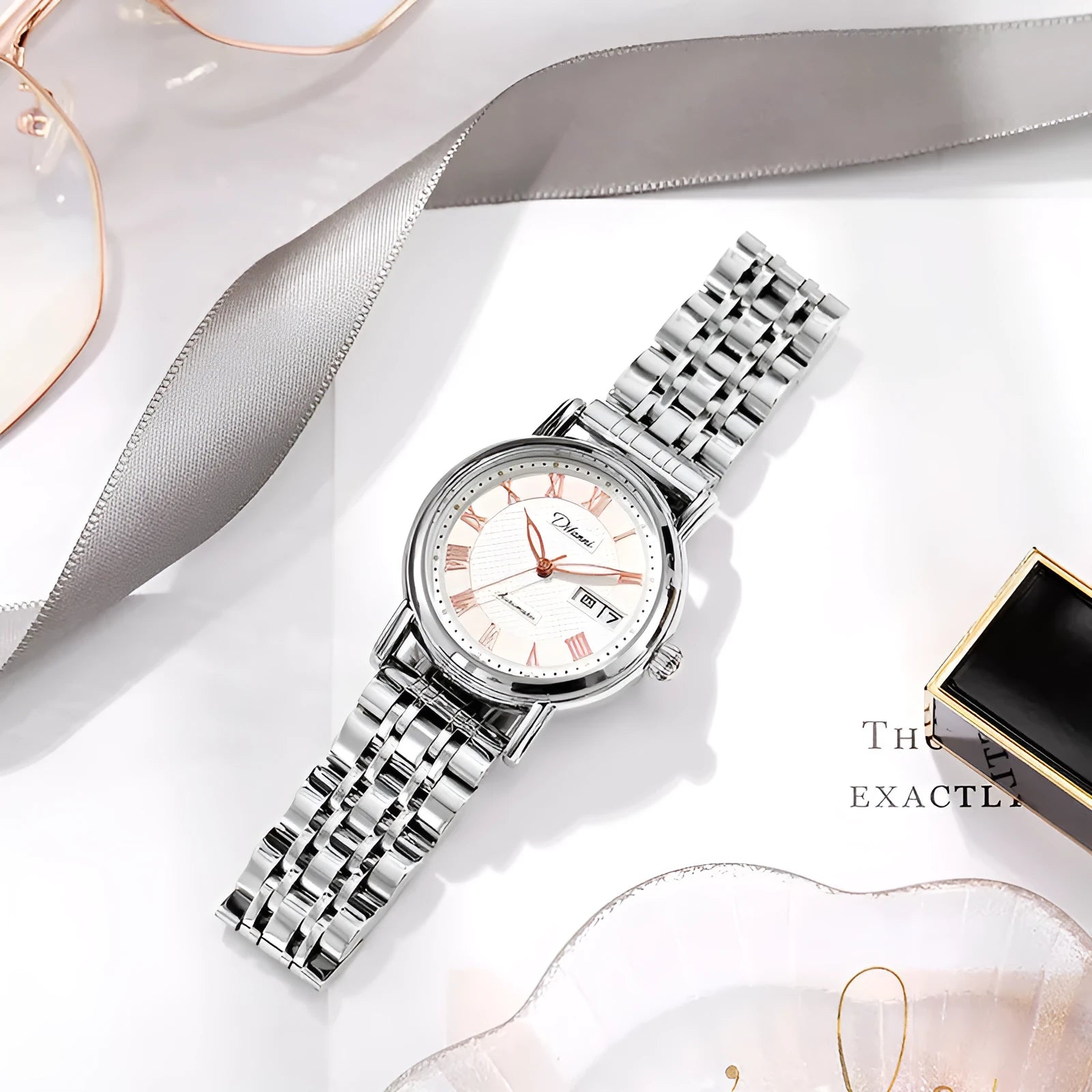 Women's automatic mechanical watch with 12mm thickness showing steel bracelet and leather strap options