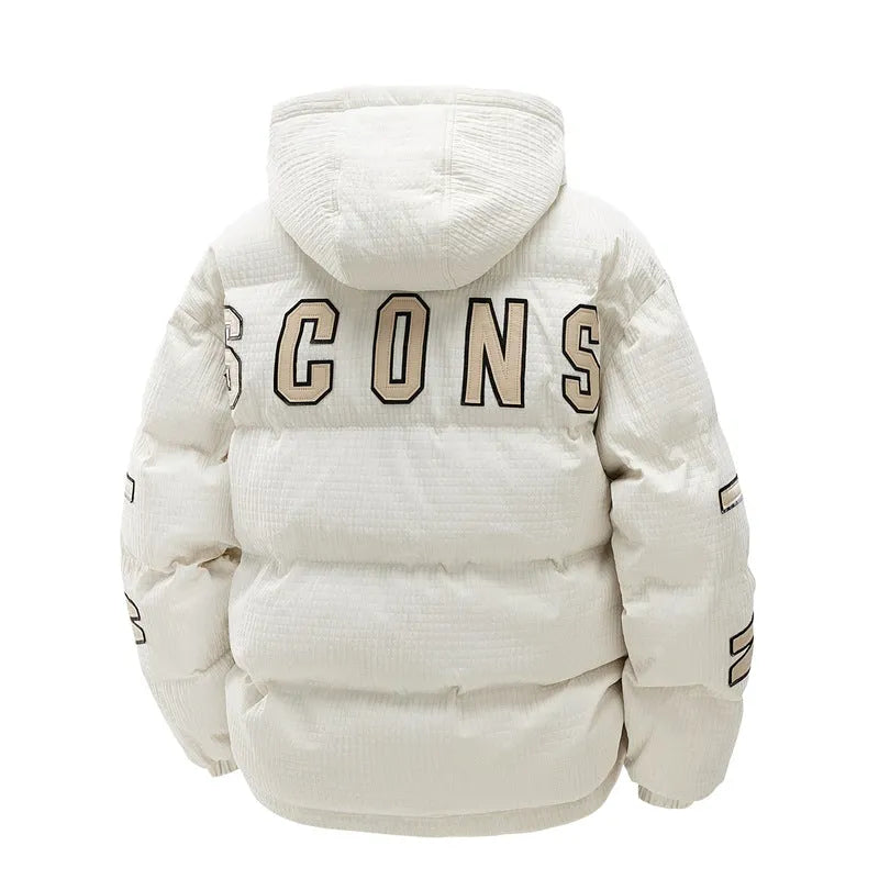 Men's black cotton-padded hooded winter coat with letter print, shown in a cardigan style.