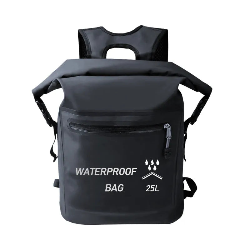 Black 25-litre waterproof backpack with 500D mesh construction for outdoor water sports.