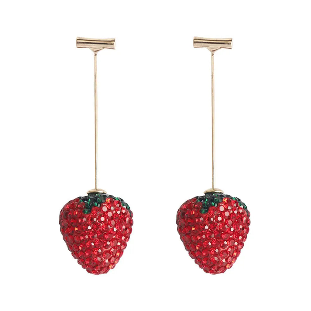Geometric strawberry-shaped alloy earrings with spot-drill texture, shown in red colour.
