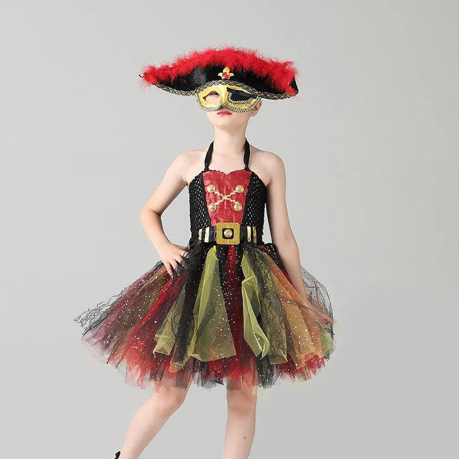 Girls pirate costume dress with sequin trim and gauze panels in sleeveless design for Halloween events