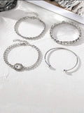 Four-piece retro metal chain bracelet set with square diamond geometric design in gold or silver tone alloy for women.