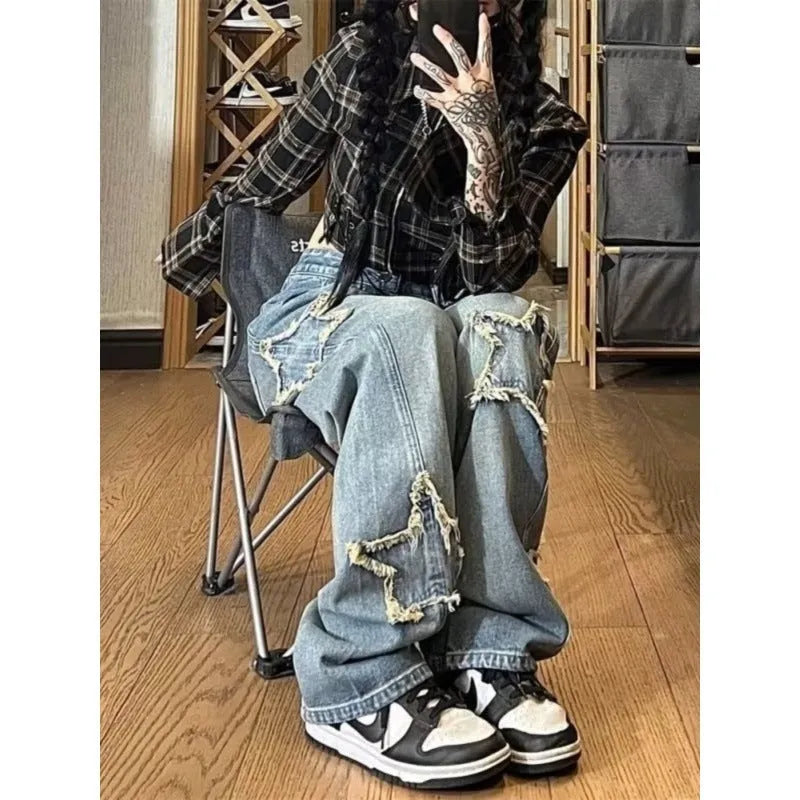 Blue women's straight-leg jeans with high waist design showing front and back views