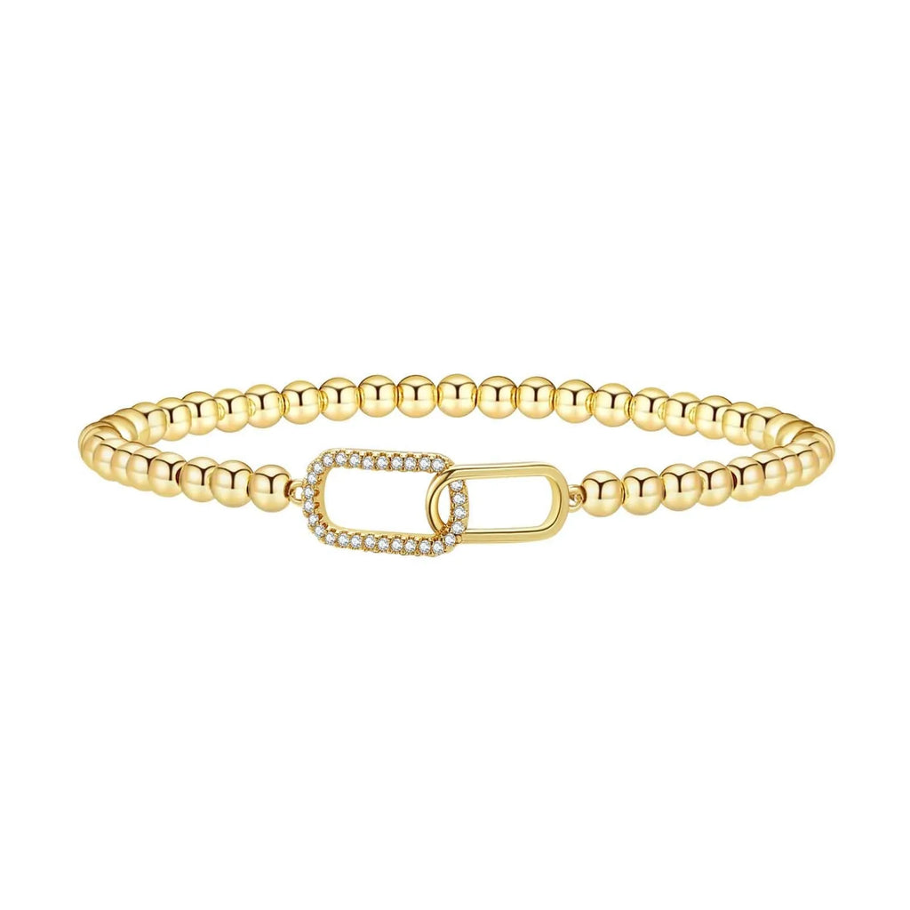 Women's adjustable stainless steel beaded bracelet in a geometric design with round accents.