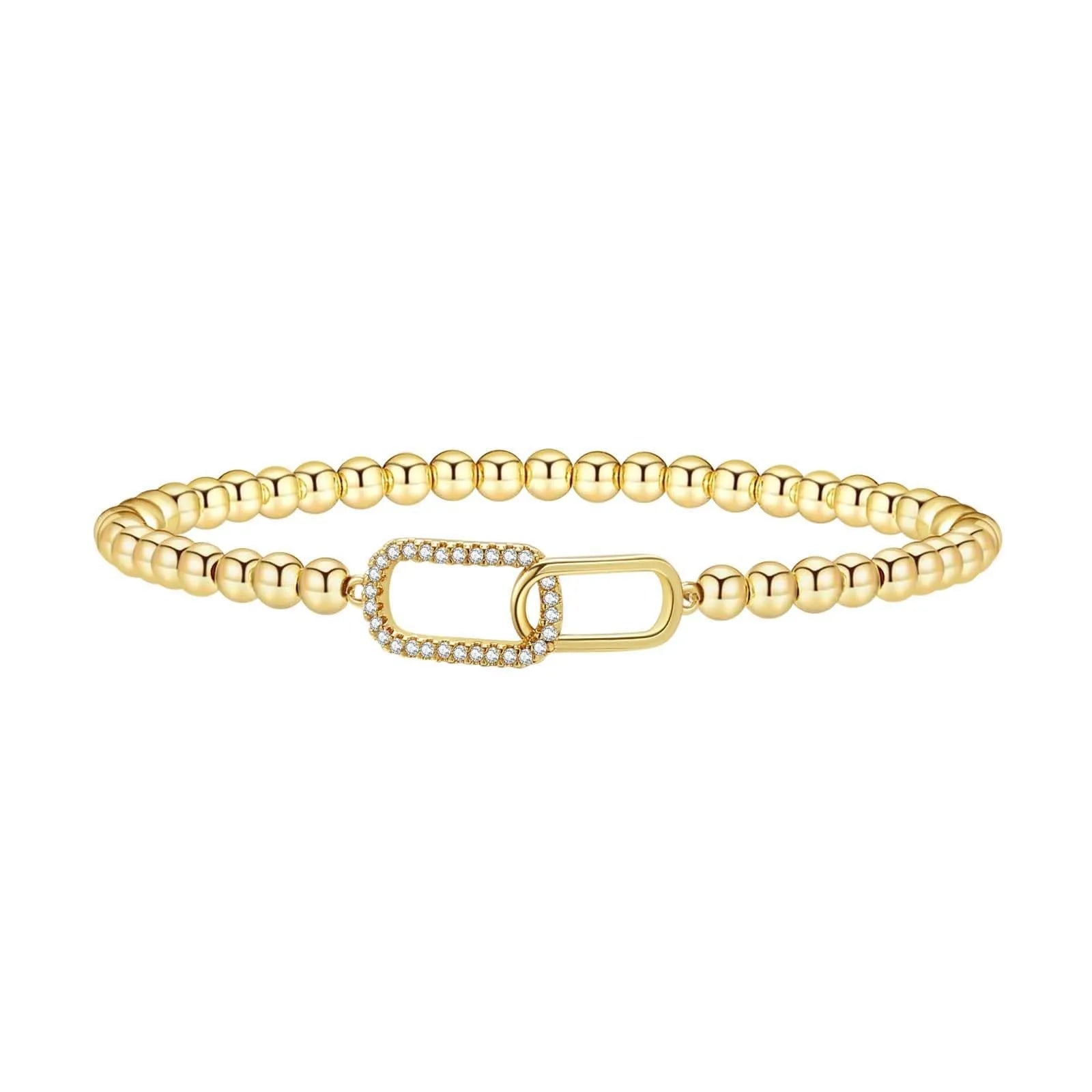 Women's adjustable stainless steel beaded bracelet in a geometric design with round accents.