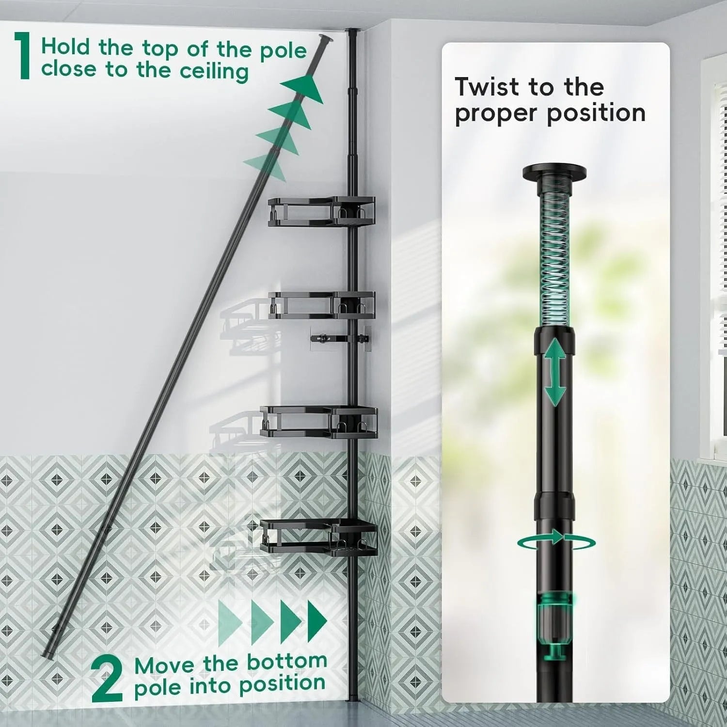 Retractable four-layer bathroom storage rack with stainless steel construction and hole-free installation system