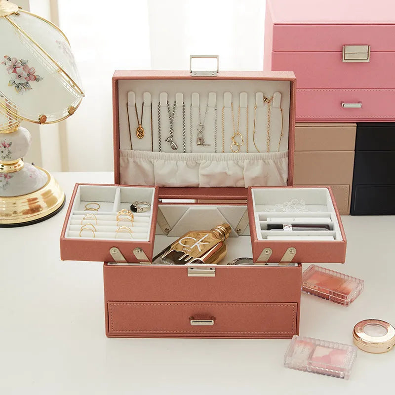 Hard-shell PU leather jewellery storage box in beige, black, pink, and rose gold colour options.