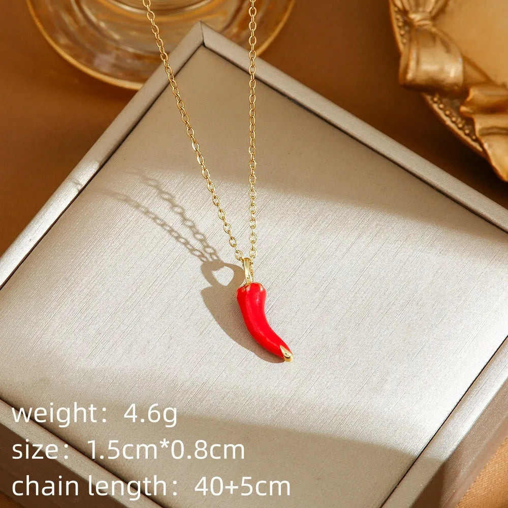 Titanium steel women's necklace with cherry, strawberry and pepper charms on O-ring chain