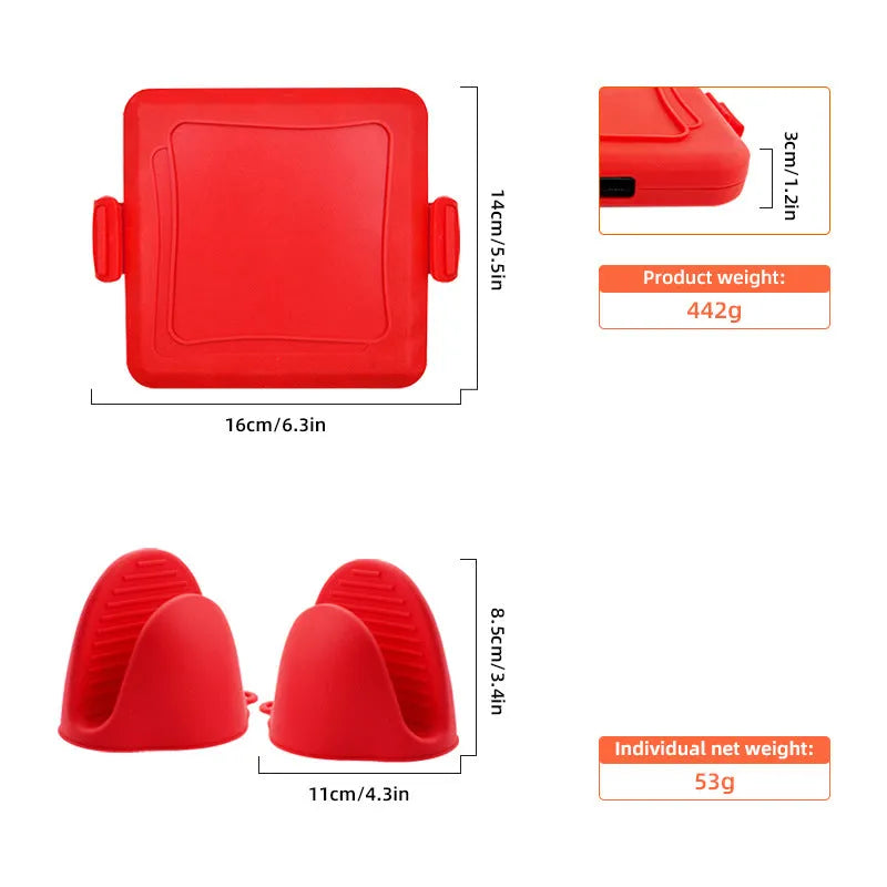 Red silicone baking tray with matching heat-resistant gloves in American style colour box