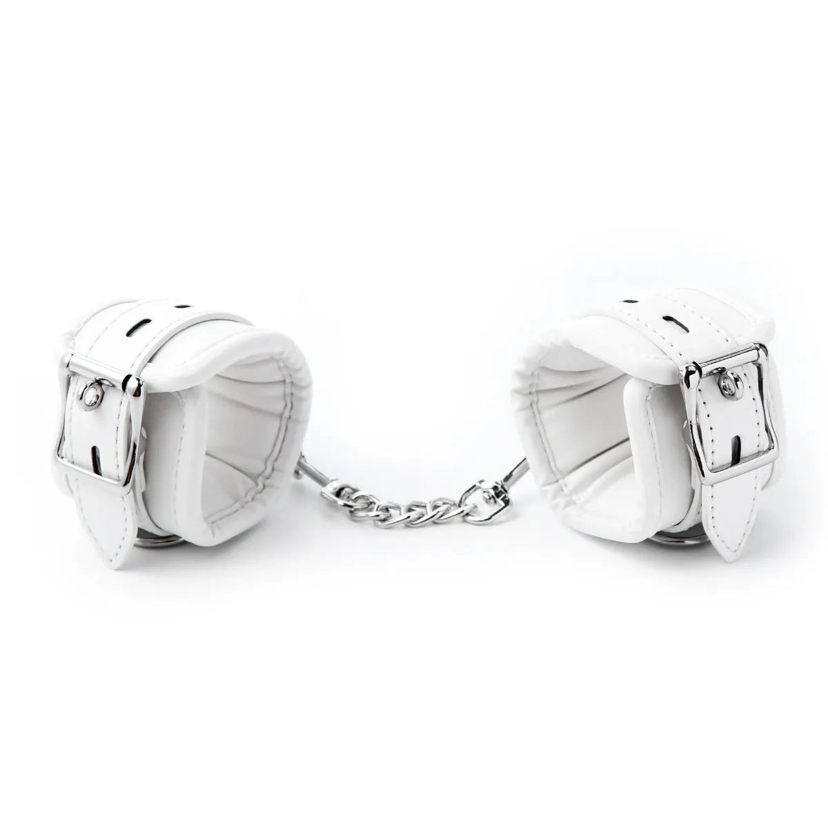White PU sponge bondage restraint set showing wrist cuffs, ankle cuffs and neck cuff