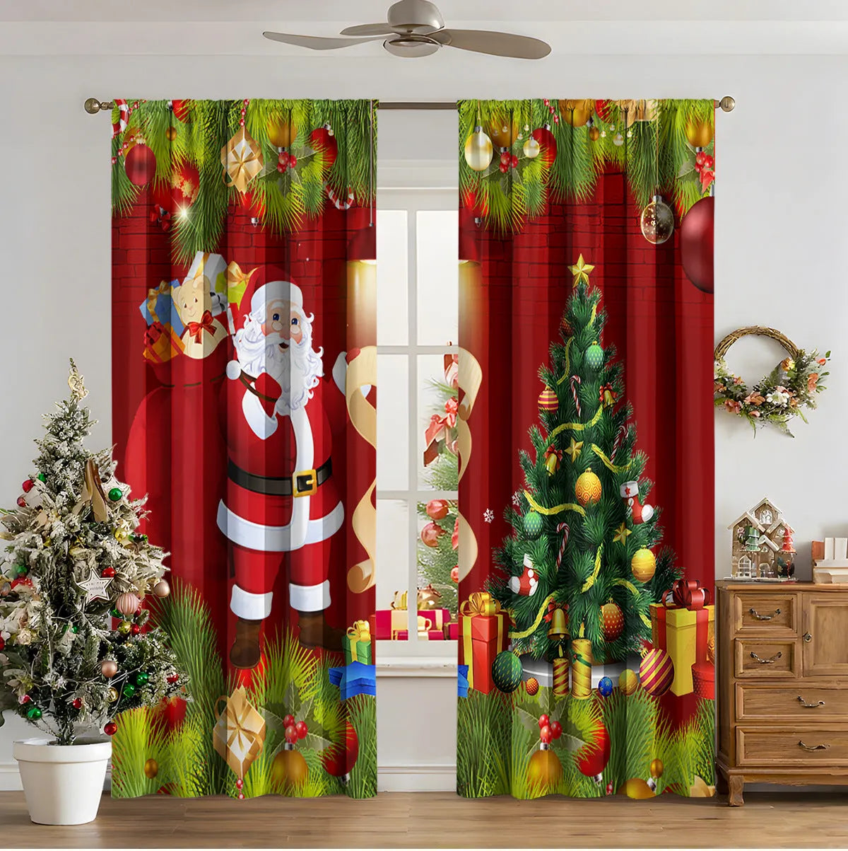 3D digital printed Christmas curtains in polyester fabric with festive patterns