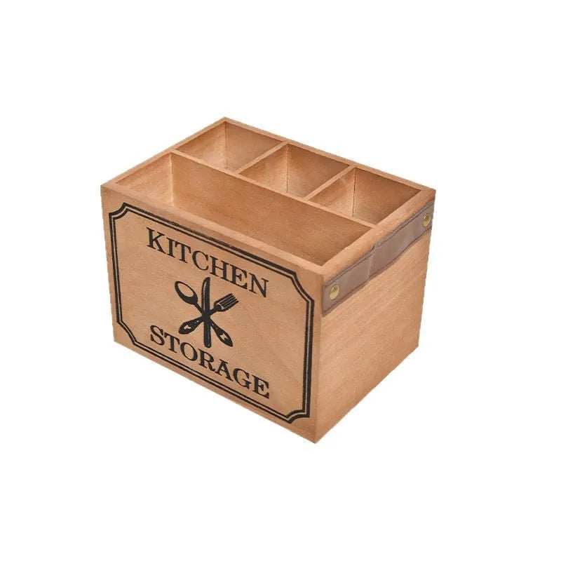 Wooden kitchen storage box with grid dividers for knife fork and chopstick organisation