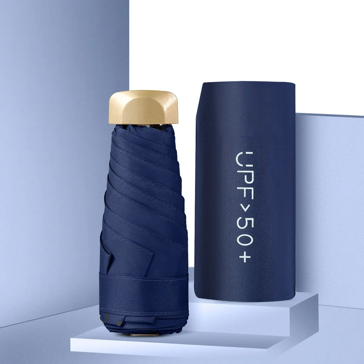 Five-fold mini pocket sun umbrella with rubber handle shown in open position