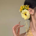 Yellow and purple floral tassel hair clips with side clip fitting for women