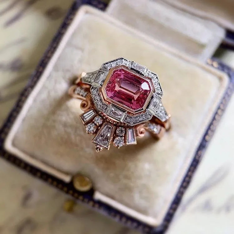 Rose gold women's retro ring with ruby accent on geometric alloy band