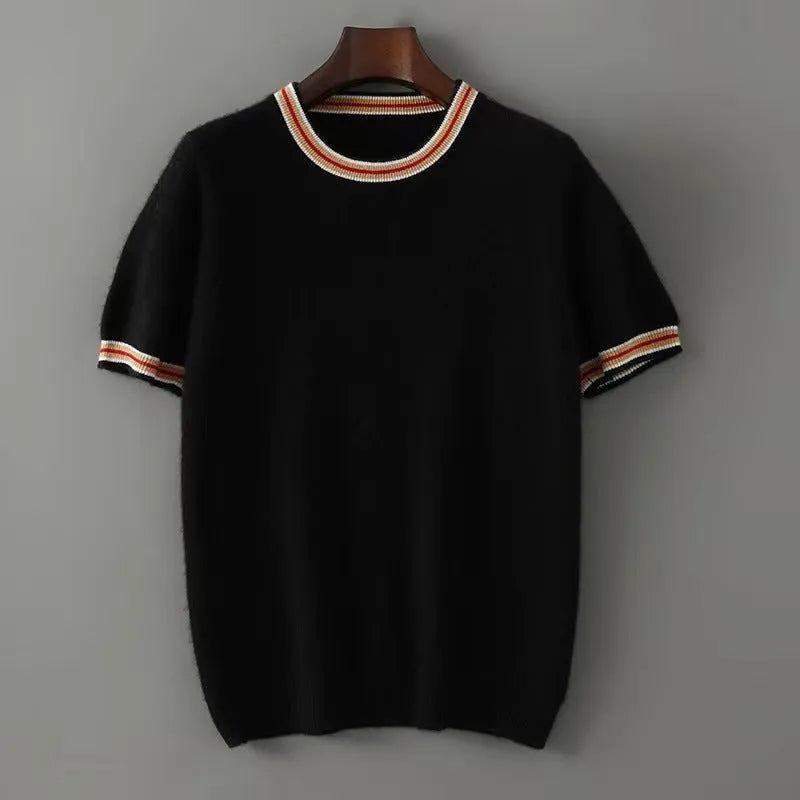 Men's short sleeve pure wool round neck sweater in black, grey, or white.