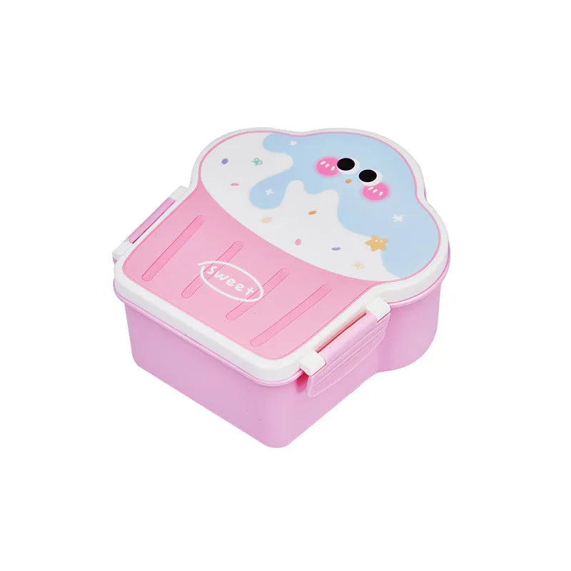 Pink and blue creative ice cream shaped plastic bento lunch box with included spoon and fork.
