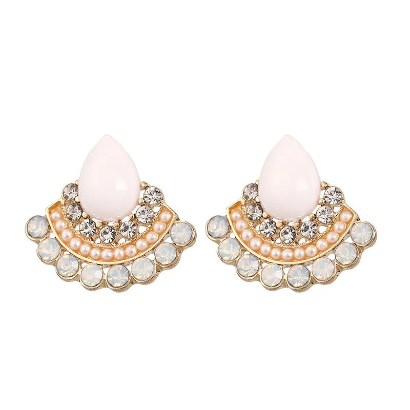 Women's sterling silver fan-shaped geometric earrings with rhinestone and opal decorative detailing
