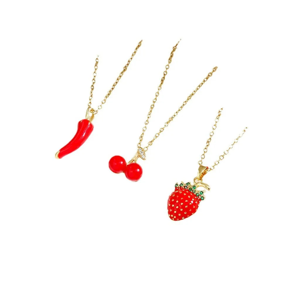 Titanium steel women's necklace with cherry, strawberry and pepper charms on O-ring chain