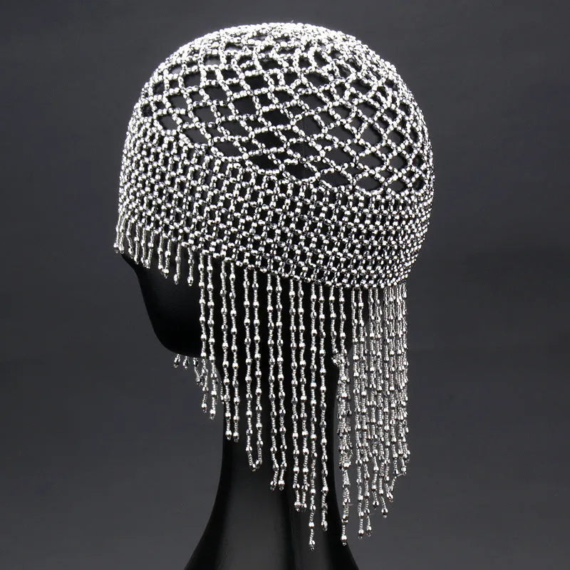 Handmade alloy belly dance hair ornament with decorative tassels in black or silver colour