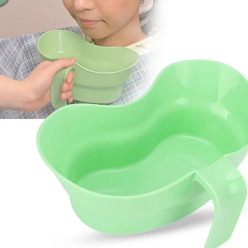 Green plastic elderly gargle cup with angled spout for bedridden oral care washing