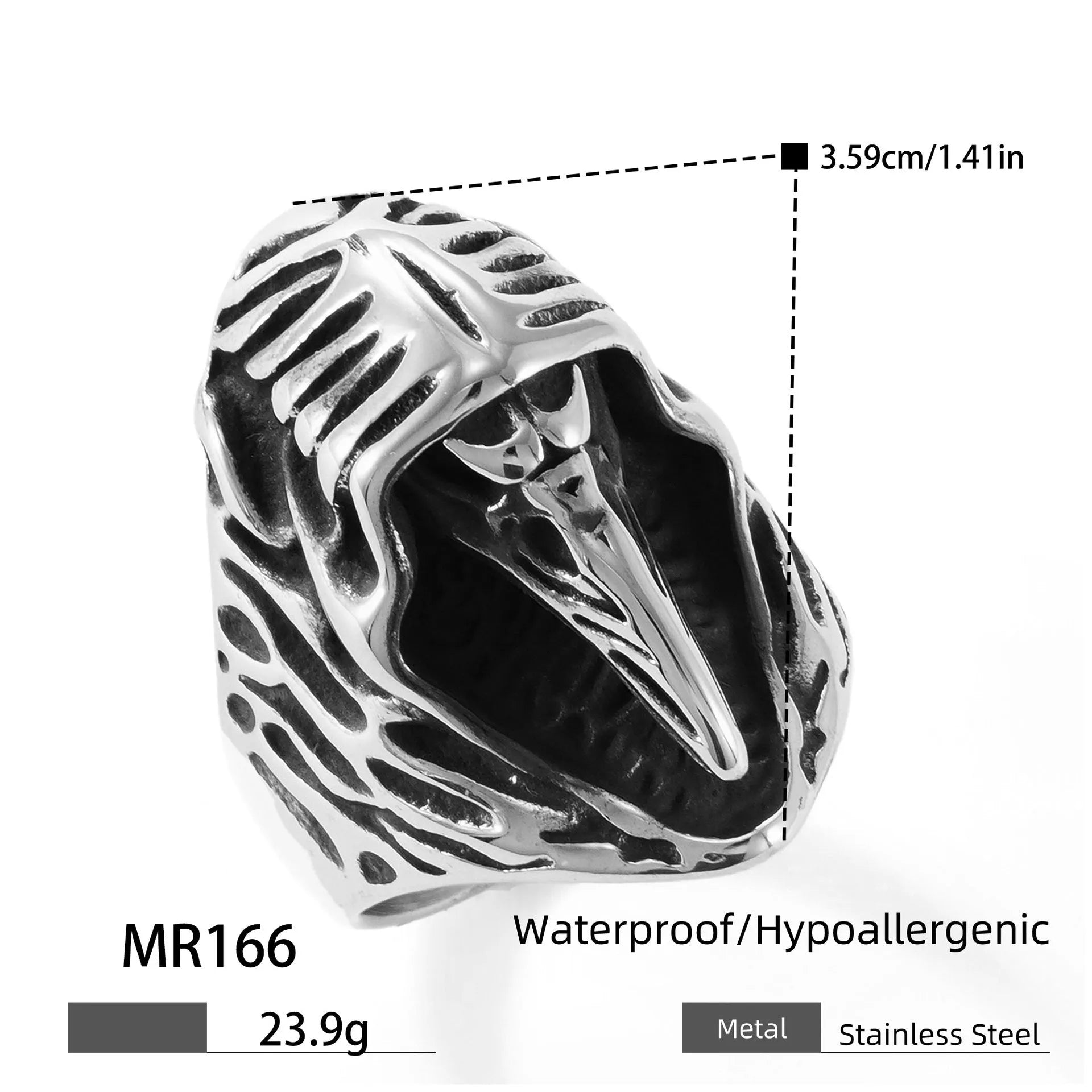 Geometric stainless steel crow ring with punk styling in MR166 colour