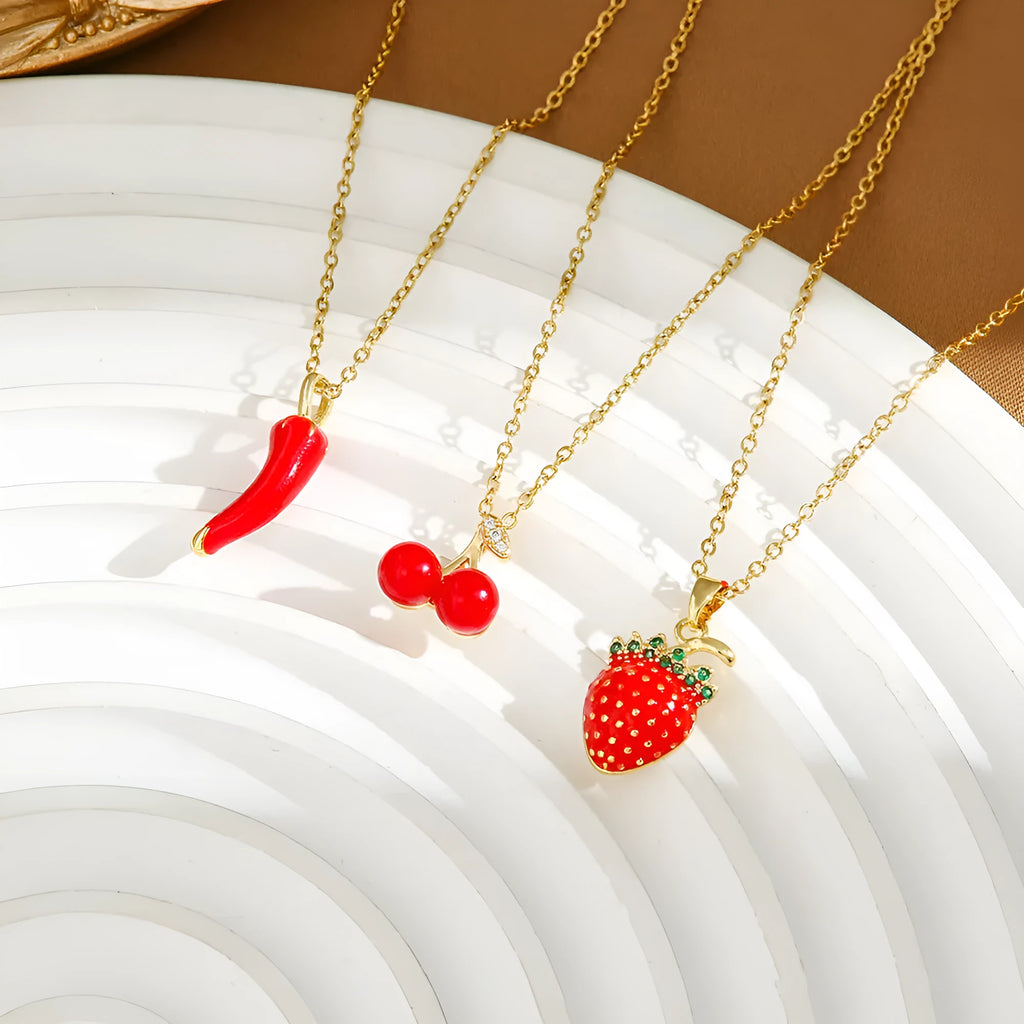 Titanium steel women's necklace with cherry, strawberry and pepper charms on O-ring chain